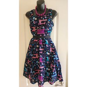 Frock Shop Black Cotton Multicolor Sewing Machine Print Midi Length Dress Size S